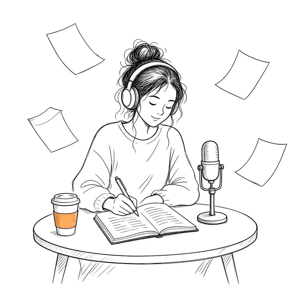 Ink drawing of Lena writing in a notebook, wearing headphones, a microphone and a coffee beside her.