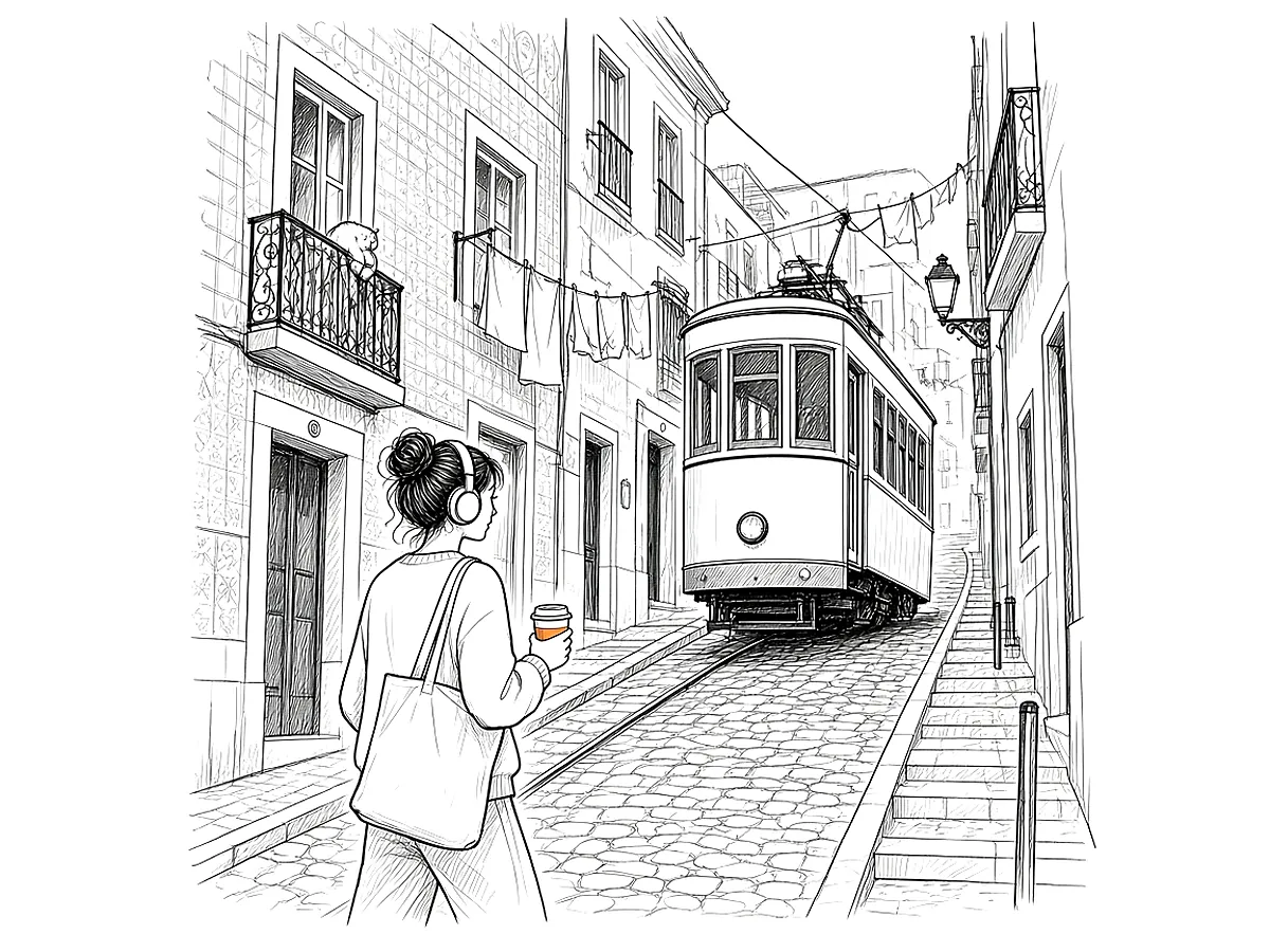 Ink drawing of a Lisbon tram climbing a cobbled street, a woman with headphones and a coffee walking uphill.