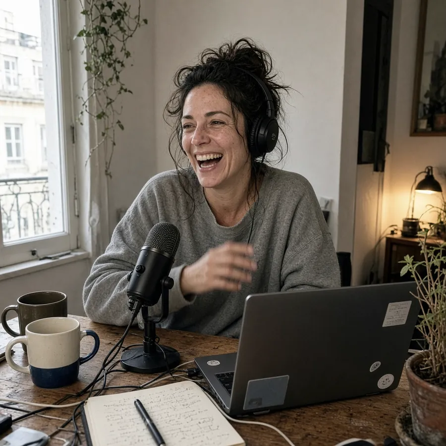 Portrait of Lena Ortiz by a window in her Lisbon flat, bookshelves behind her.
